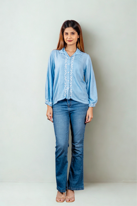 Nazakat Chikankari Blue Rayon Slub Shirt