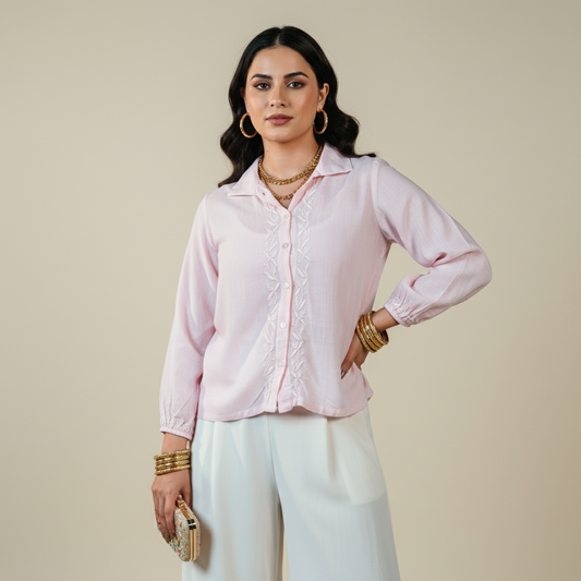 Nazakat Pink Chikankari Rayon Slub Shirt