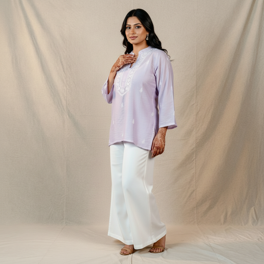 Riwayat Chikankari Lilac Chanderi Top