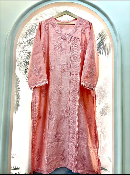 Raabta Blush Pink-Chanderi Chikankari Angrakha Kurti