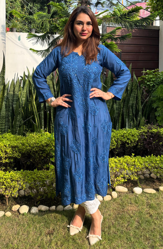 Noor Muslin Chikankari Mukaish Blue Kurti