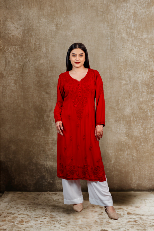 Mira Red Chikankari Modal Kurti