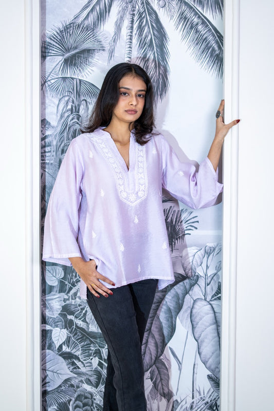 Riwayat Chikankari Lilac Chanderi Short Kurti