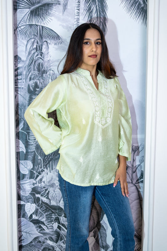 Riwayat Green Chikankari Chanderi Short Kurti