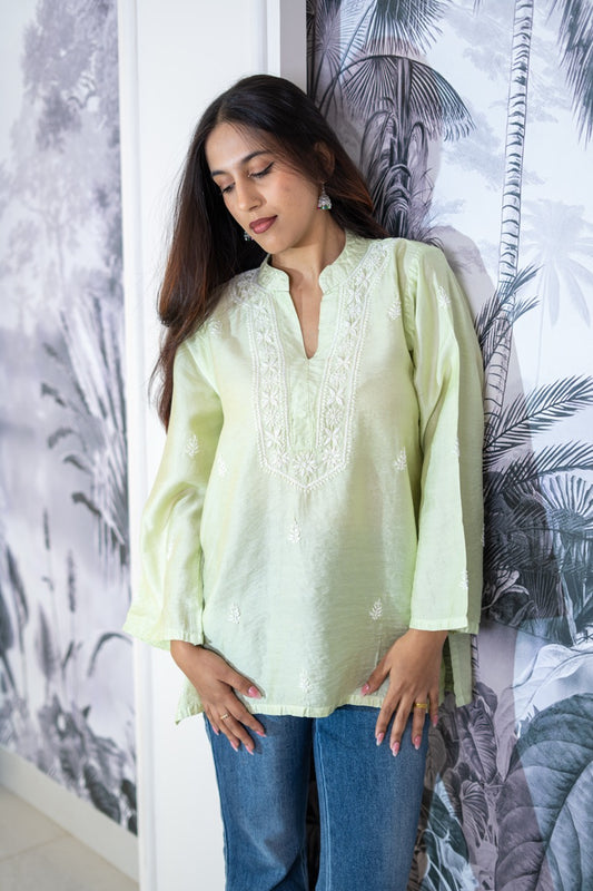 Riwayat Green Chikankari Chanderi Short Kurti