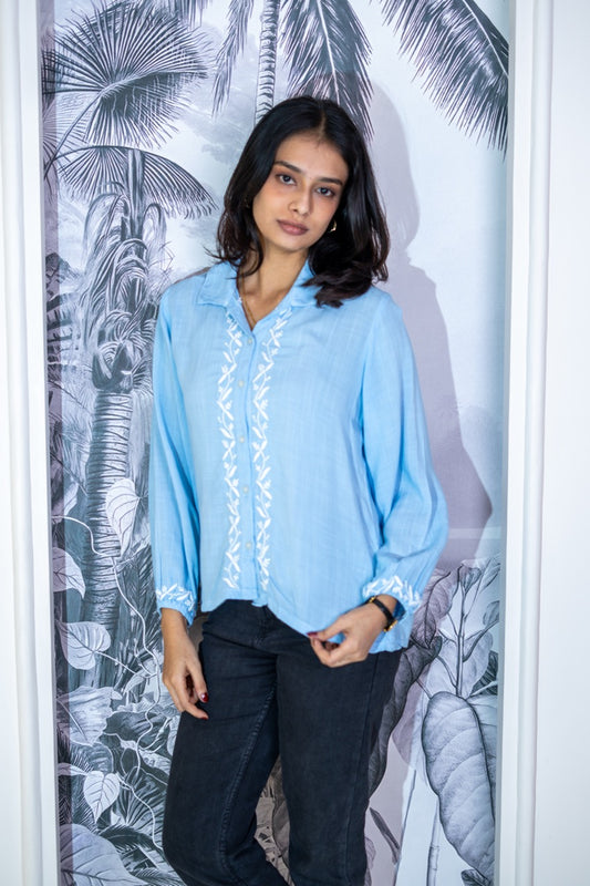 Nazakat Chikankari Blue Rayon Slub Shirt