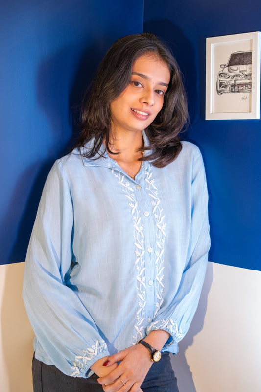 Nazakat Chikankari Blue Rayon Slub Shirt