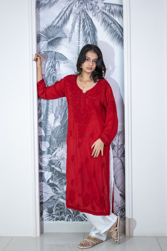 Mira Red Chikankari Modal Kurti