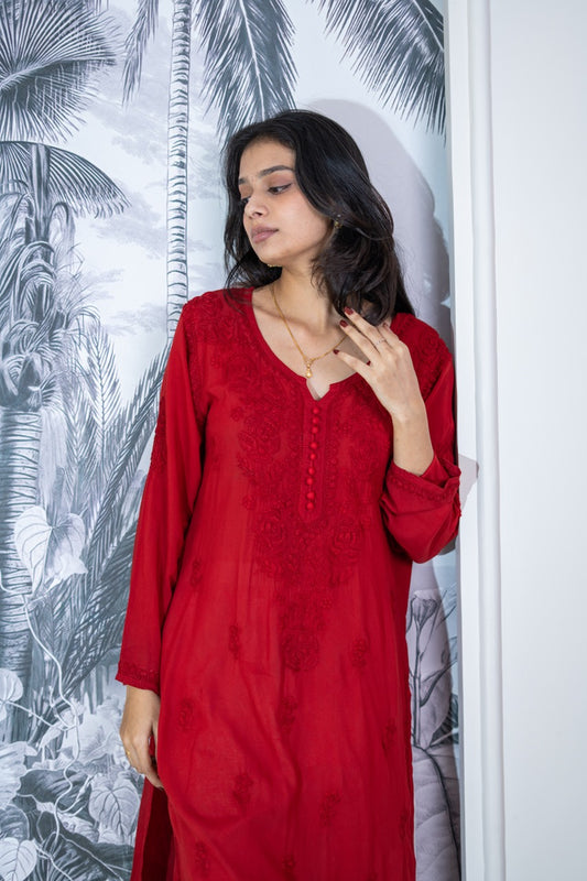 Mira Red Chikankari Modal Kurti