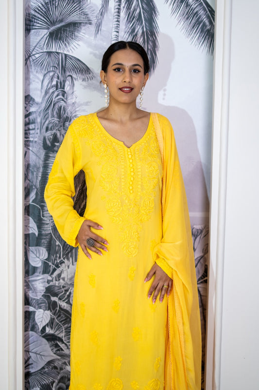 Heer Modal Chikankari Kurta Pant Dupatta Set