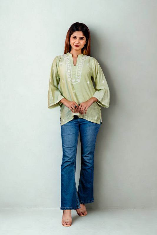 Riwayat Green Chikankari Chanderi Top