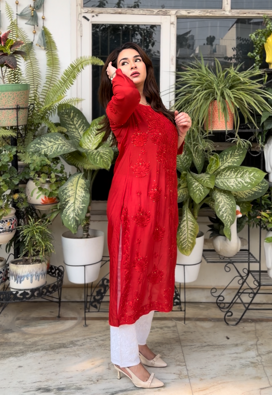 Noor Muslin Chikankari Mukaish Red Kurti