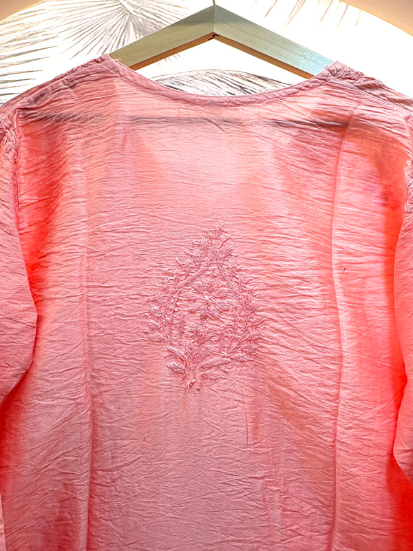Raabta Blush Pink-Chanderi Chikankari Angrakha Kurti