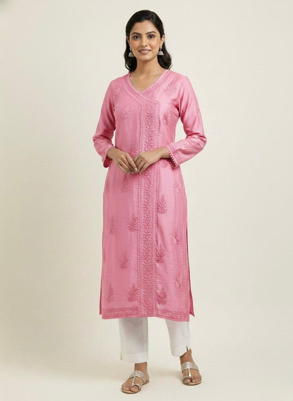 Raabta Blush Pink-Chanderi Chikankari Angrakha Kurti