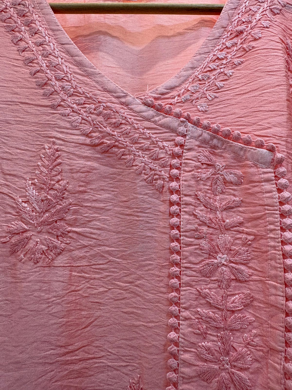 Raabta Blush Pink-Chanderi Chikankari Angrakha Kurti
