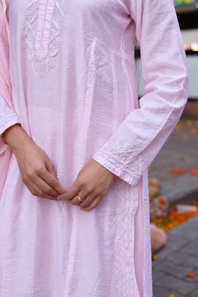 Raabta Chikankari Chanderi Blush Pink Kurta Pant Dupatta Set