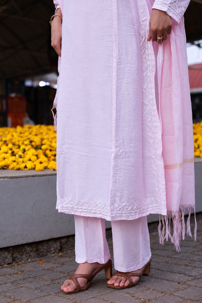 Raabta Chikankari Chanderi Blush Pink Kurta Pant Dupatta Set