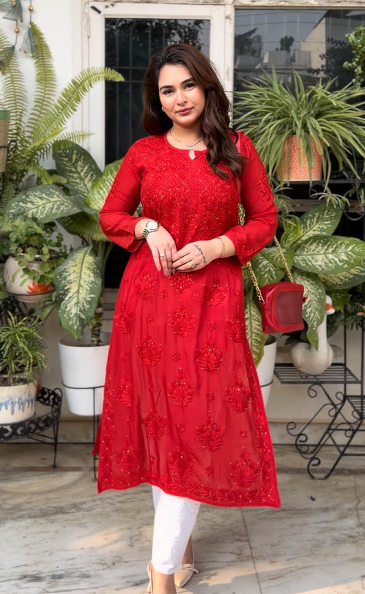 Noor Muslin Chikankari Mukaish Red Kurti