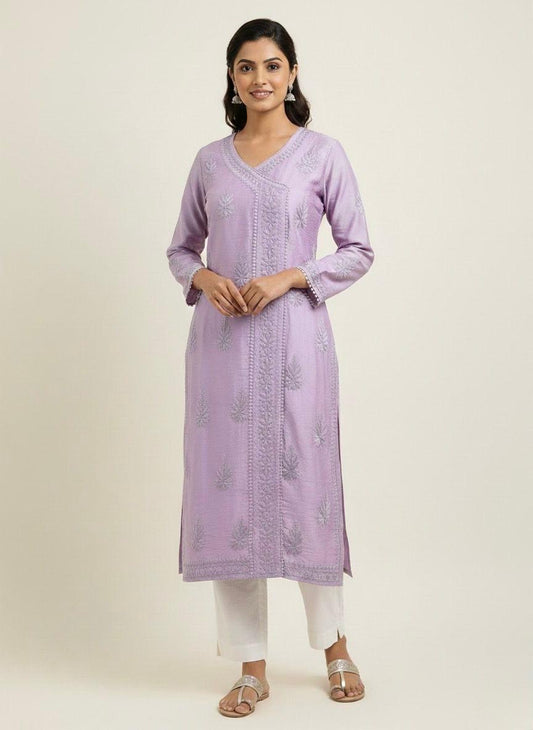 Raabta Lilac-Chanderi Chikankari Angrakha Kurti