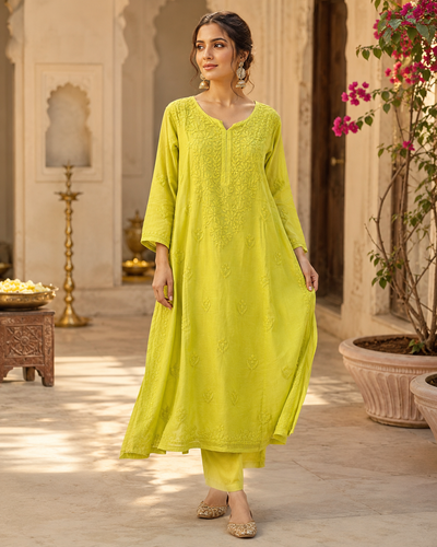 Zeenat Lime green-Muslin Kurta Set