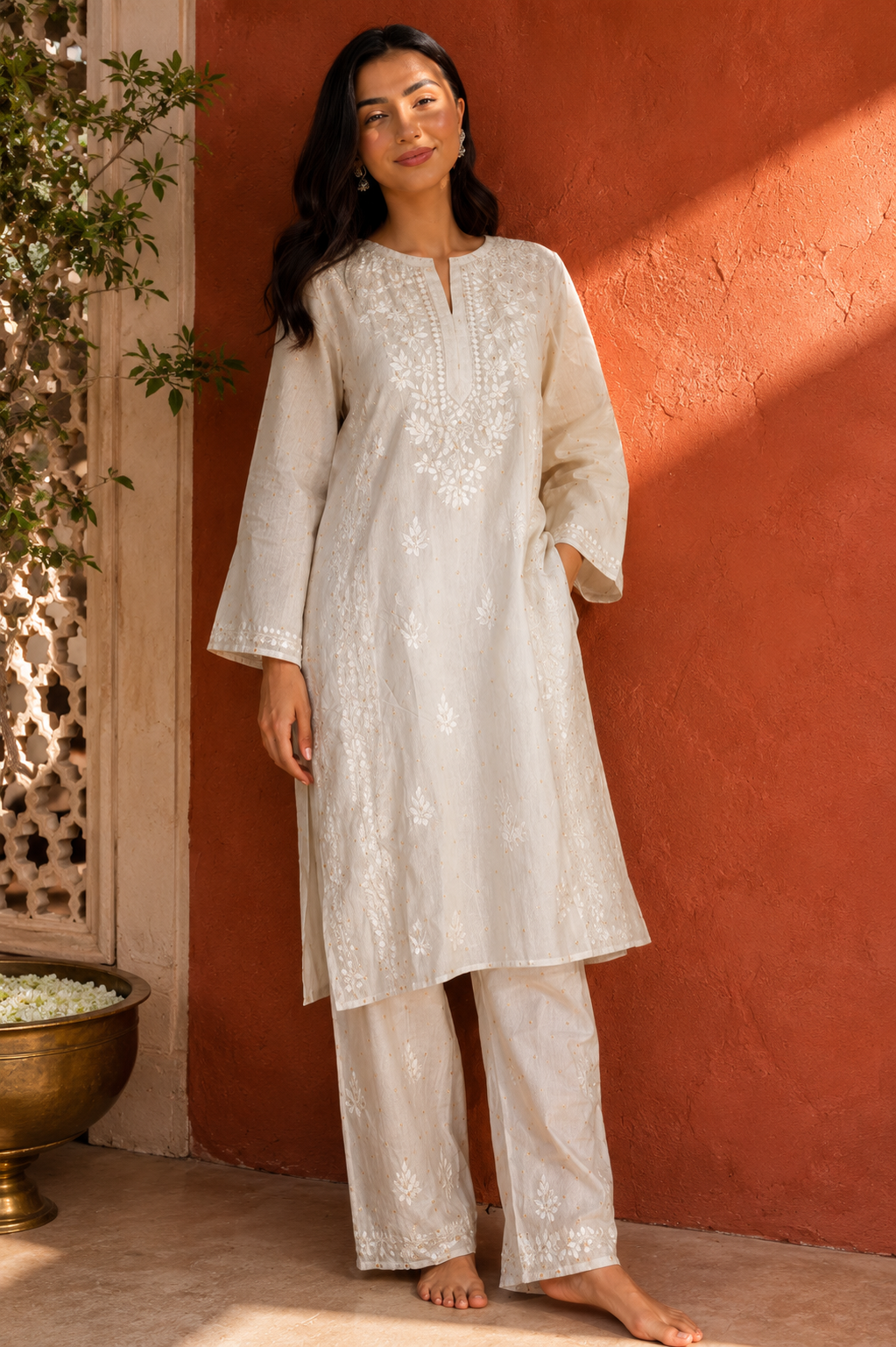 White Chikankari Kurta with hand Embroidary