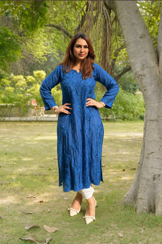 Noor Muslin Chikankari Mukaish Blue Kurti