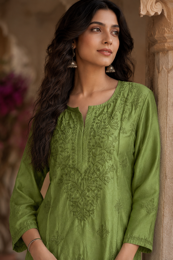 Woman wearing a green embroidered kurta against a warm-toned background