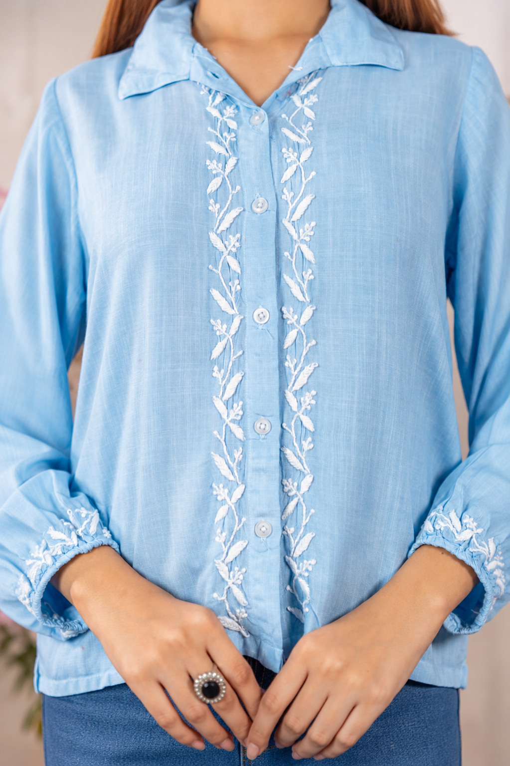 Nazakat Chikankari Blue Rayon Slub Shirt
