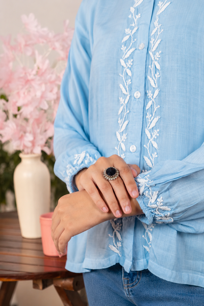 Nazakat Chikankari Blue Rayon Slub Shirt