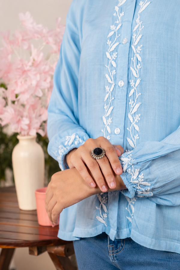 Nazakat Chikankari Blue Rayon Slub Shirt