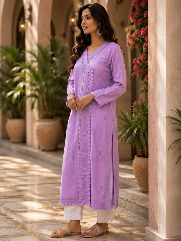 Chikankari Angrakha Lilac