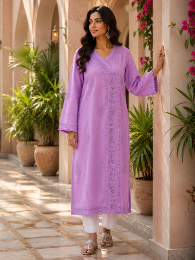 Raabta Lilac Chanderi Chikankari Angrakha Kurti