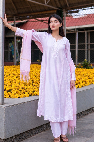 Raabta Chikankari Chanderi Blush Pink Kurta Pant Dupatta Set