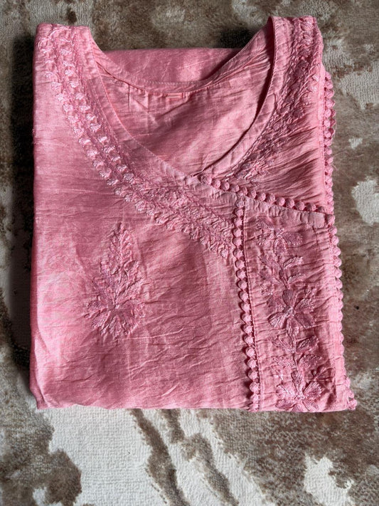Raabta Blush Pink-Chanderi Chikankari Angrakha Kurti