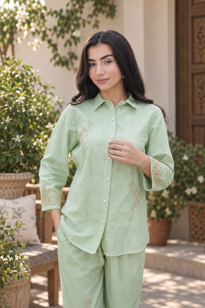 Inayat Chikankari Cotton Linen Sage Green Co-ord Set