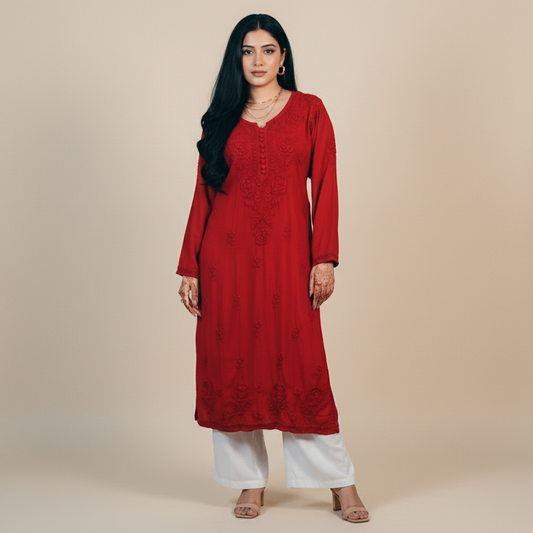 Mira Red Chikankari Modal Kurti