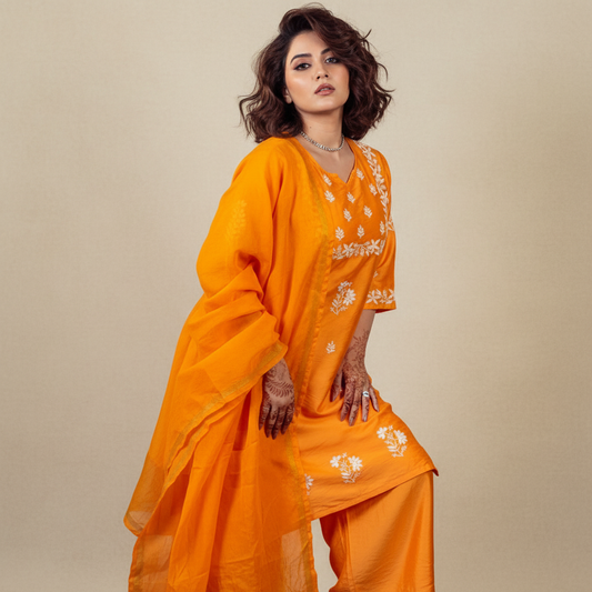 Surkh Chanderi Chikankari Kurta Pant Dupatta Set