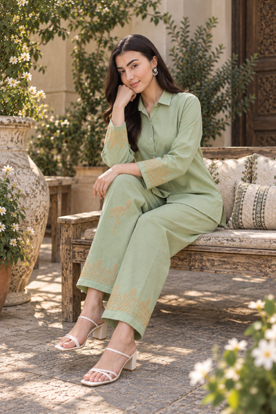 Inayat Chikankari Cotton Linen Sage Green Co-ord Set