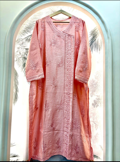 Raabta Blush Pink-Chanderi Chikankari Angrakha Kurti