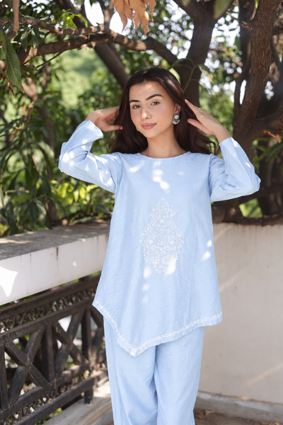 Gulzar Chikankari Chanderi Powder Blue Co-ord Set