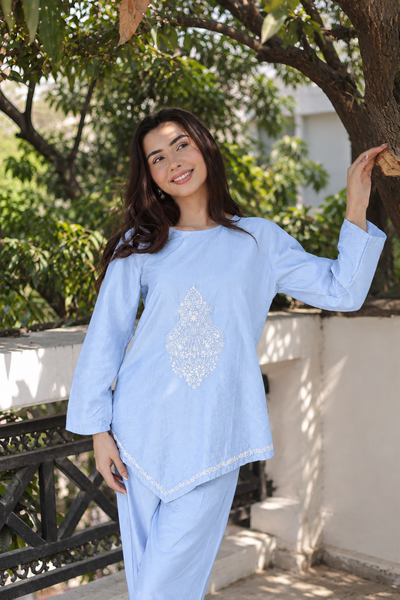 Gulzar Chikankari Chanderi Powder Blue Co-ord Set