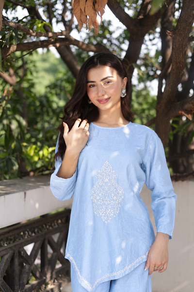 Gulzar Chikankari Chanderi Powder Blue Co-ord Set