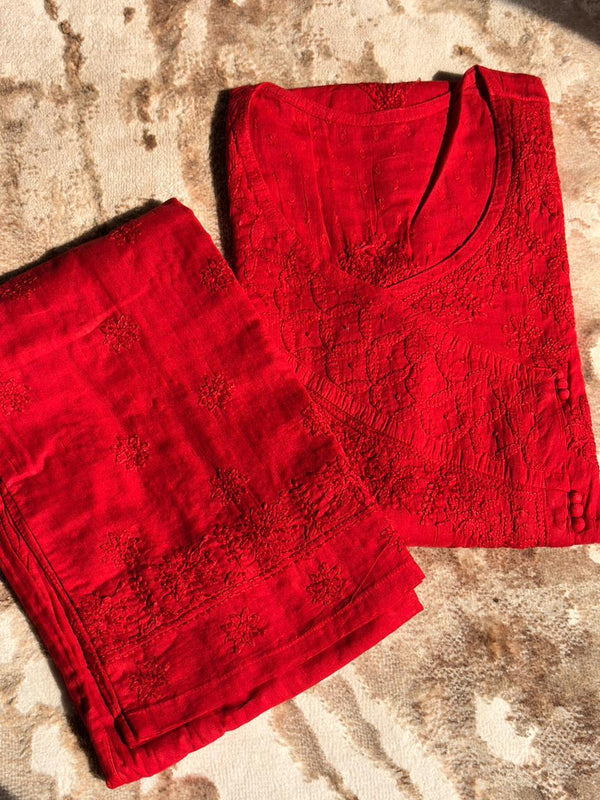 Suroor Red-Mulmul Kurta Set