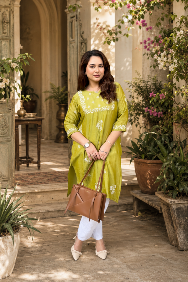Green Chanderi Silk Chikankari Kurta