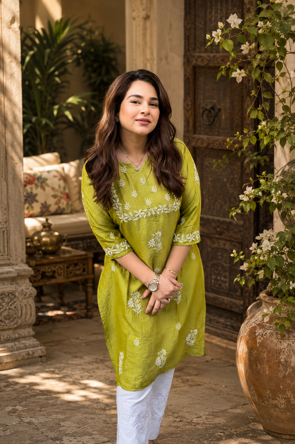 Woman in a green kurta with white patterns standing in an outdoor setting with plants and a wooden door.