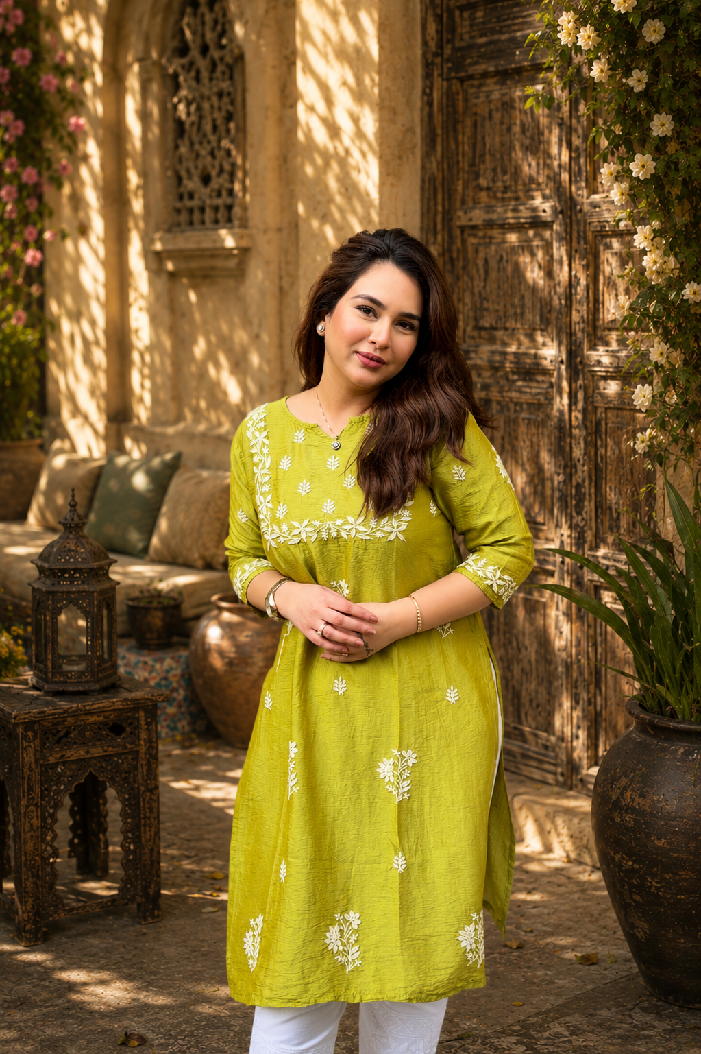 Green Chanderi Silk Chikankari Kurta