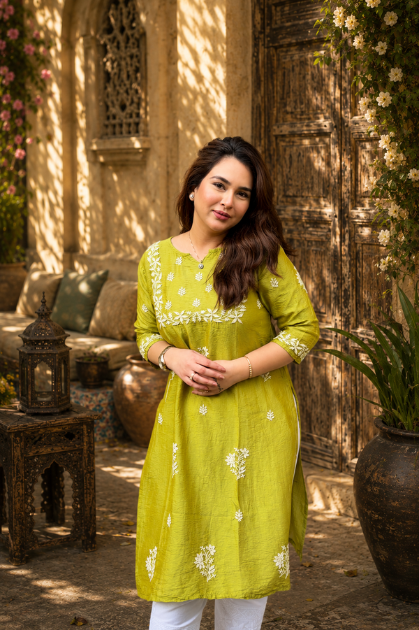 Green Chanderi Silk Chikankari Kurta