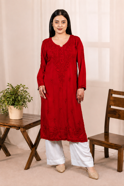 Mira Red Chikankari Modal Kurti