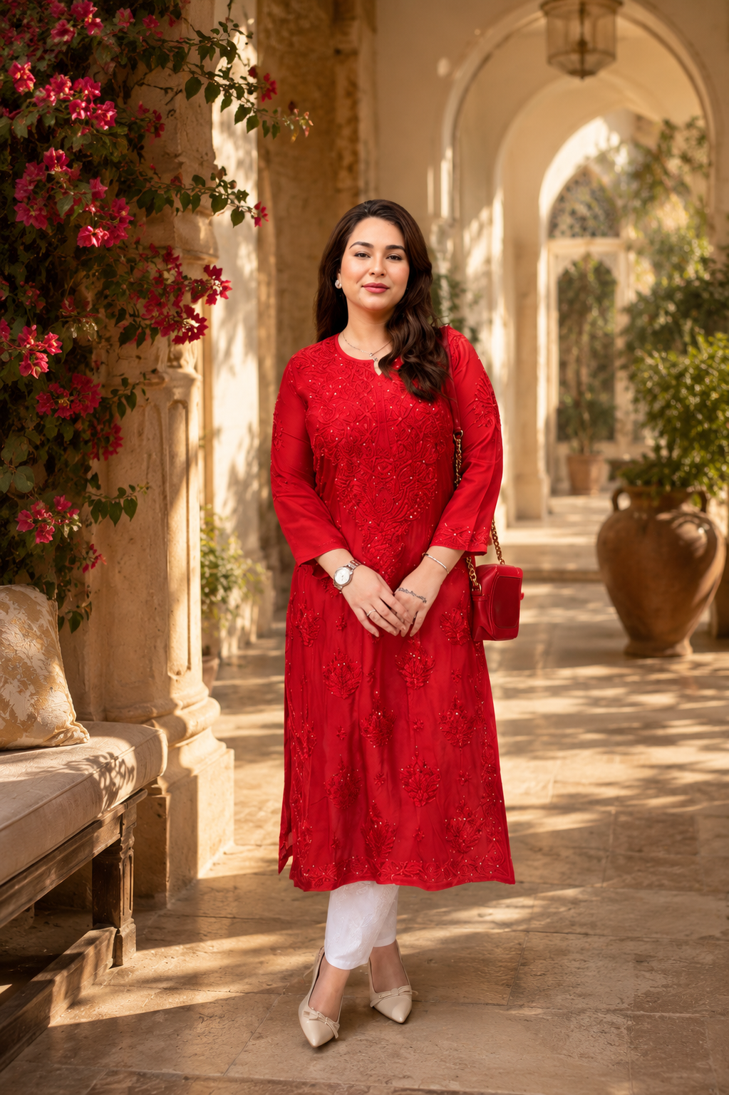 Woman in a red dress standing in an outdoor setting with flowers and arches.