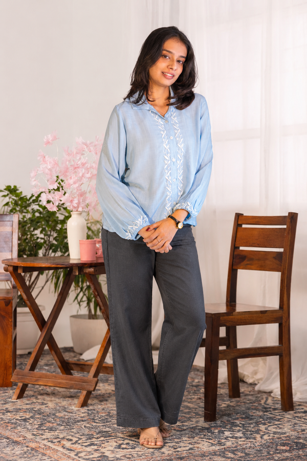 Nazakat Chikankari Blue Rayon Slub Shirt